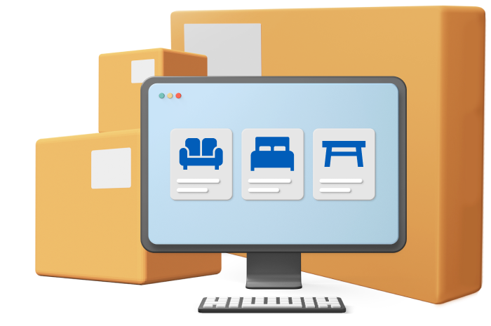 Animated monitor with pictures of furniture on in front of boxes