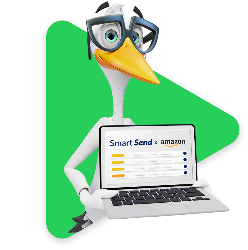 Sven the Stork holding a laptop displaying the Smart Send dashboard and Amazon logo