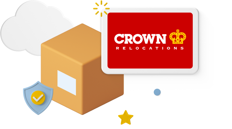 Crown Relocations logo on animated cardboard box with icons