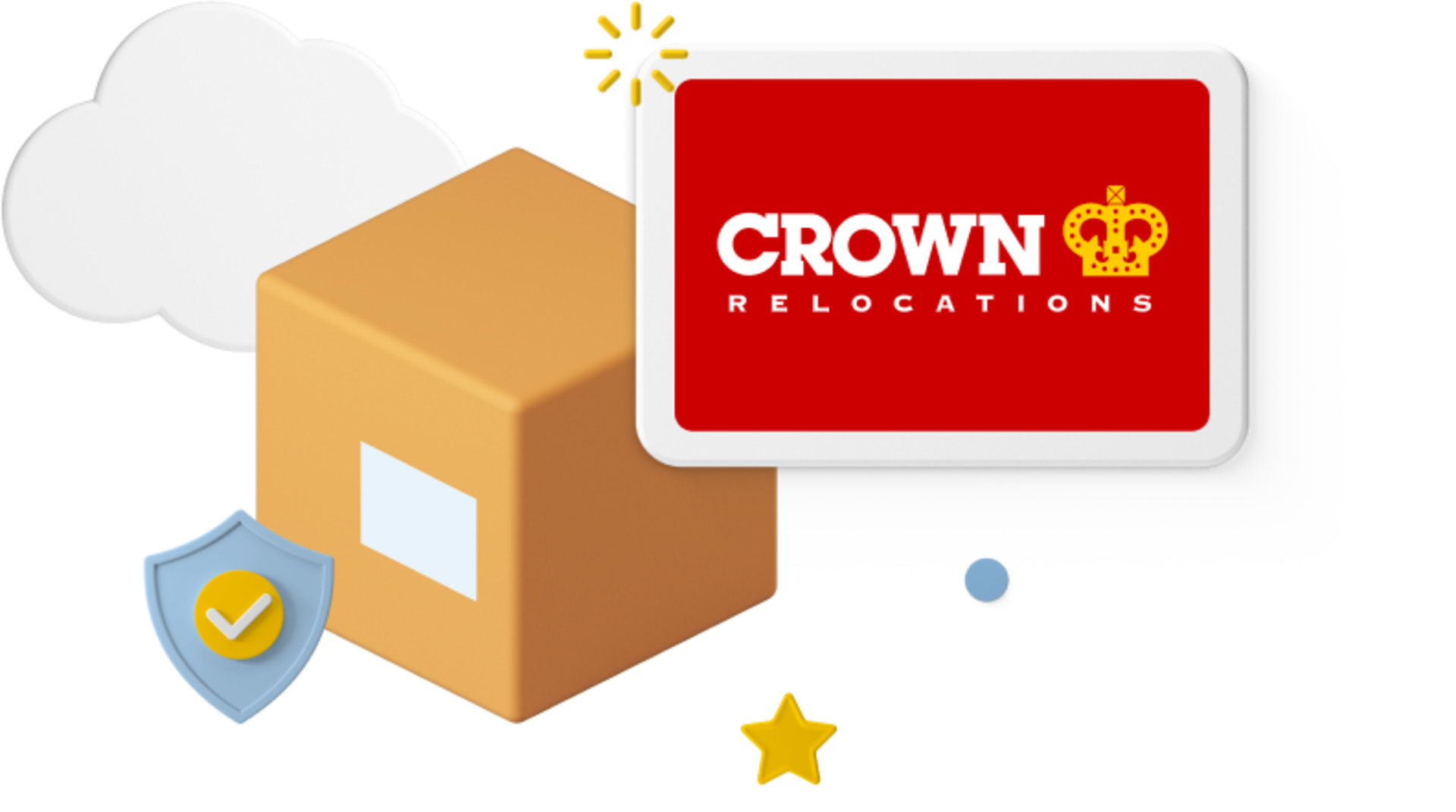 Crown Relocations logo on animated cardboard box with icons