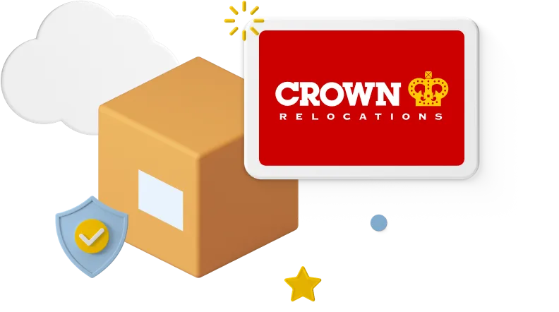 Crown Relocations logo on animated cardboard box with icons