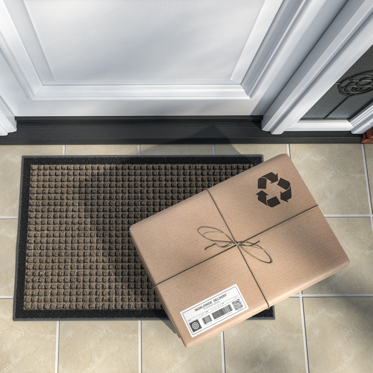 Parcel with tie on door mat in front of closed door