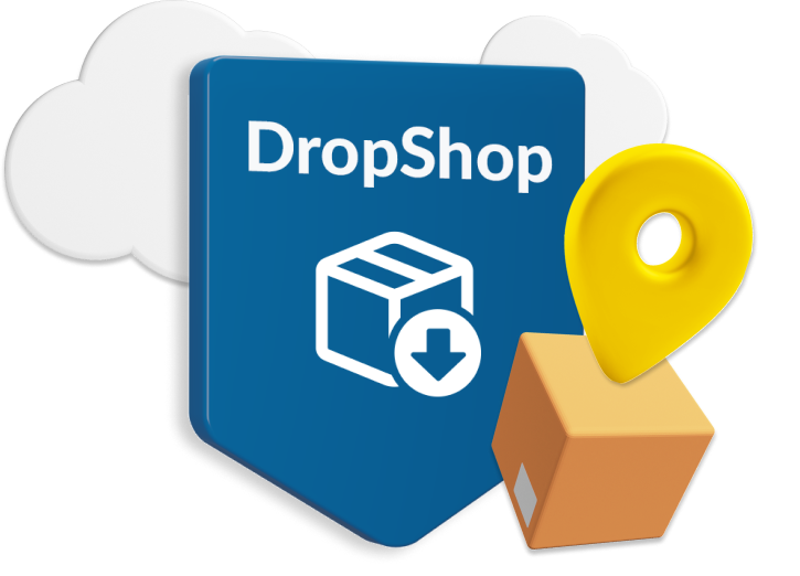 Animated box with location icon in front of blue sign saying 'DropShop' 