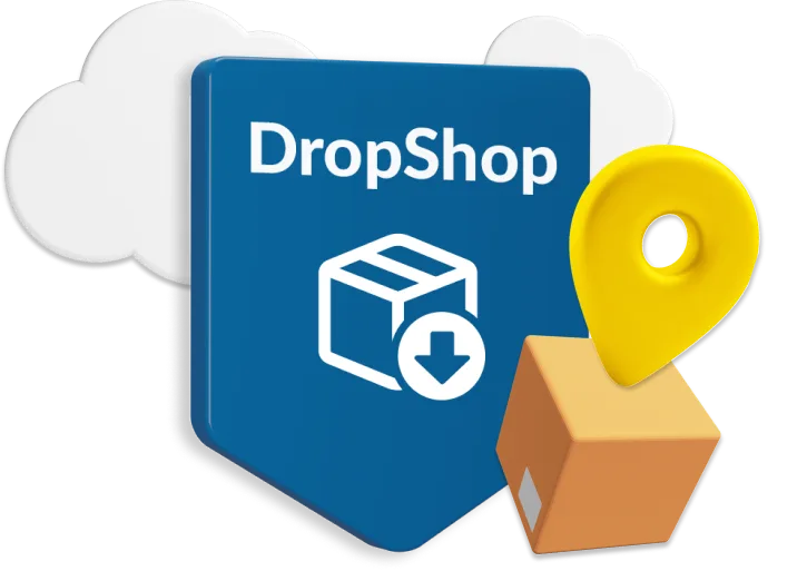 Animated box with location icon in front of blue sign saying 'DropShop' 