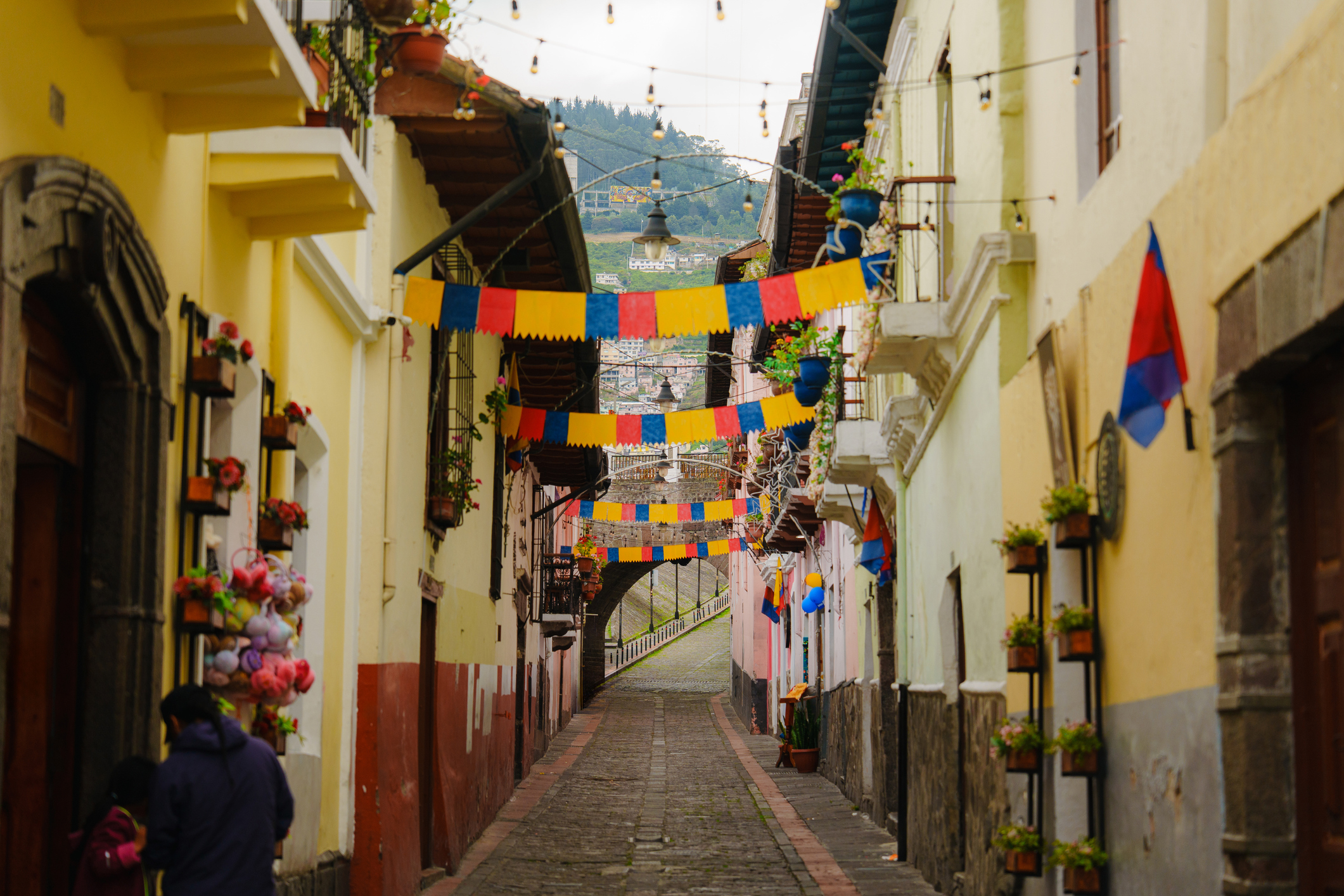 A narrow street in Ecuador with banners strung up between the houses.
