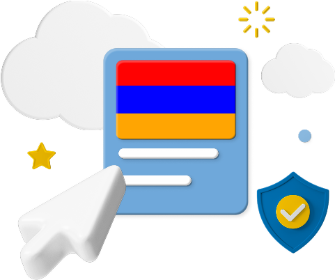 Armenia flag on web page surrounded by clouds and a badge graphic.