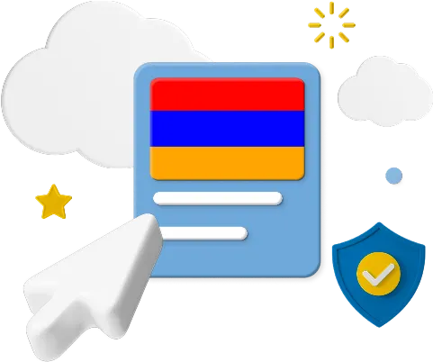 Armenia flag on web page surrounded by clouds and a badge graphic.