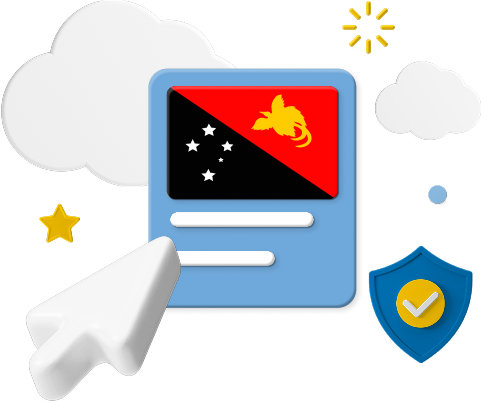 Papua New Guinea flag on web page surrounded by clouds and a badge graphic.