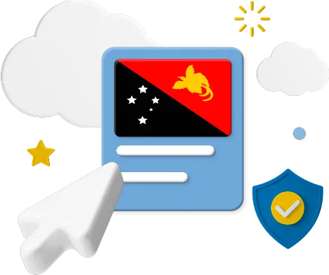 Papua New Guinea flag on web page surrounded by clouds and a badge graphic.