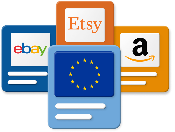 Various box graphics with popular marketplace logos attached
