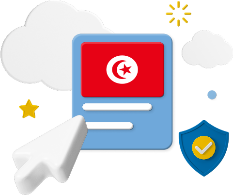mouse clicking on Tunisia flag with clouds and badge graphic