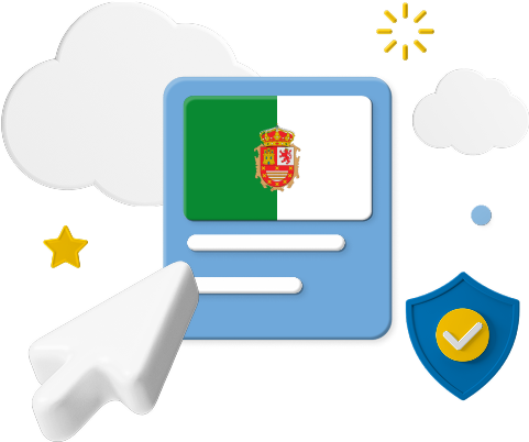 Fuerteventura flag on web page surrounded by clouds graphic.