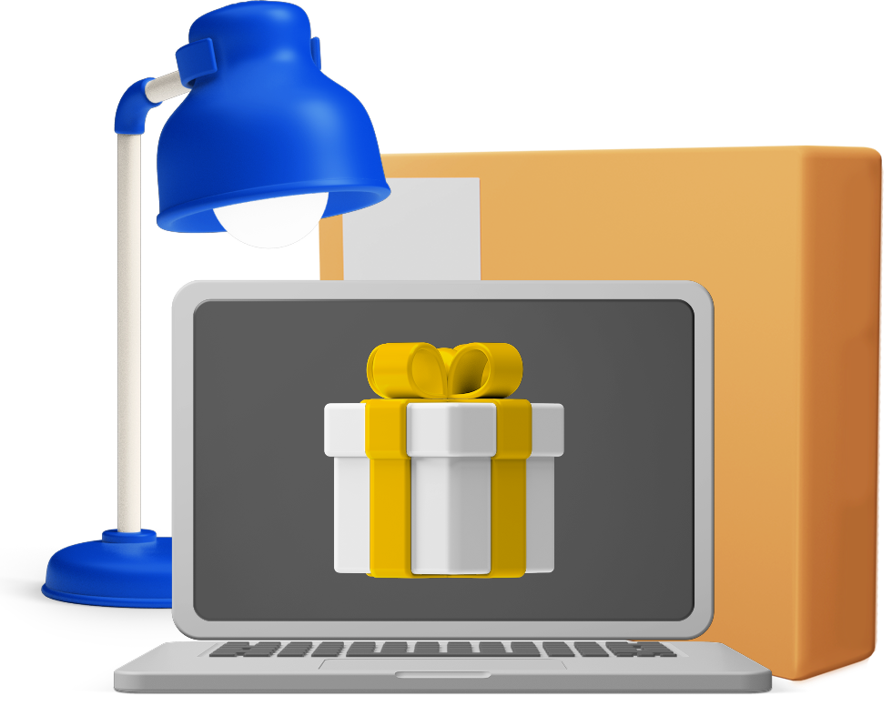 Gift box on laptop screen with parcel and lamp graphics in background