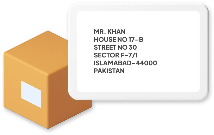 Box with example of Pakistan address