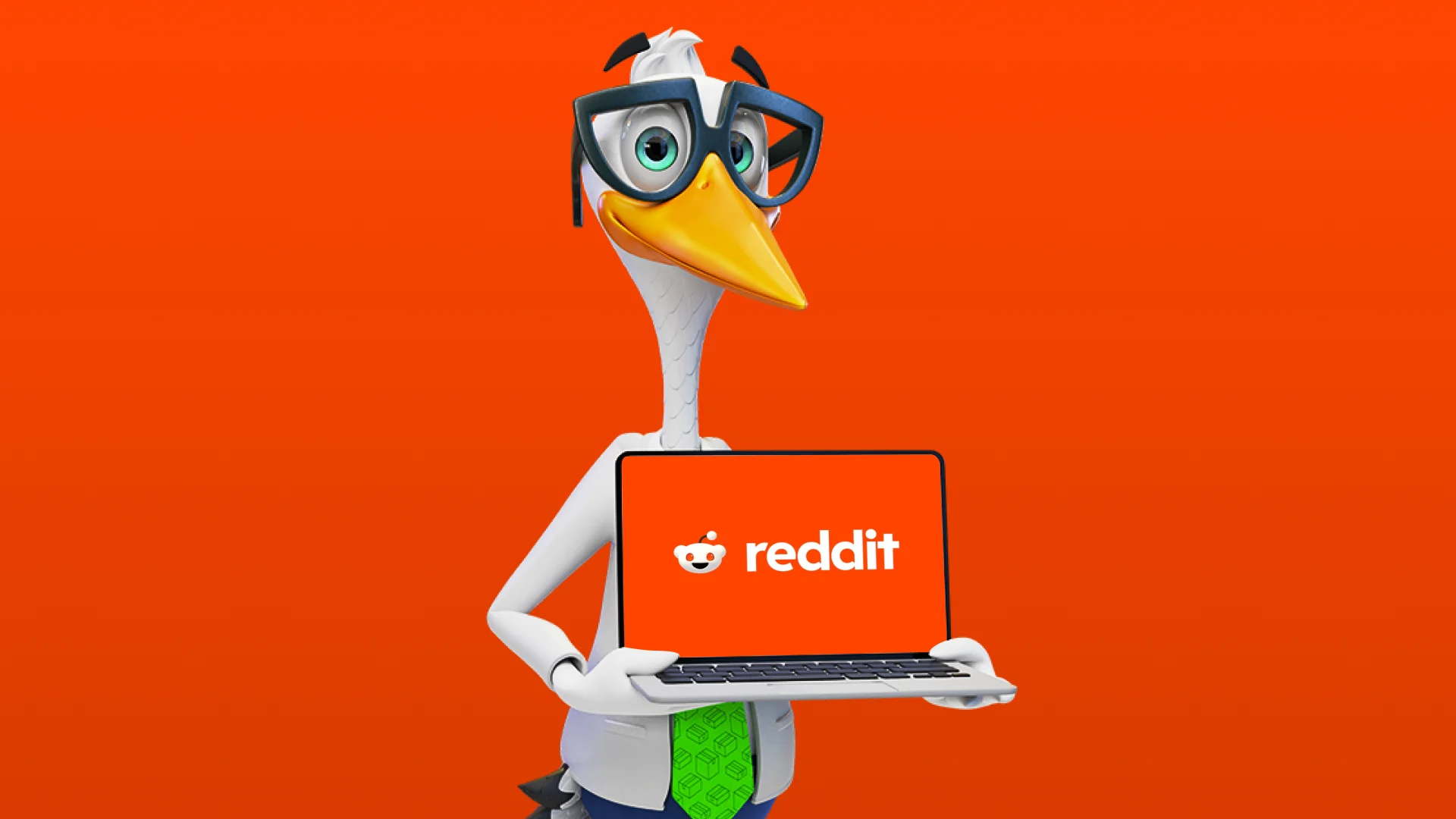Sven graphic holding laptop showing Reddit on red background.