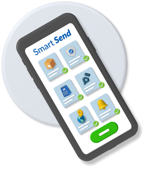 Grey circle on which there is an animated phone displaying Smart Send and several item boxes