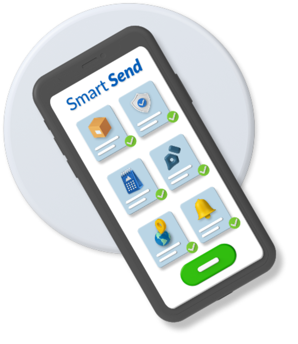 Grey circle on which there is an animated phone displaying Smart Send and several item boxes