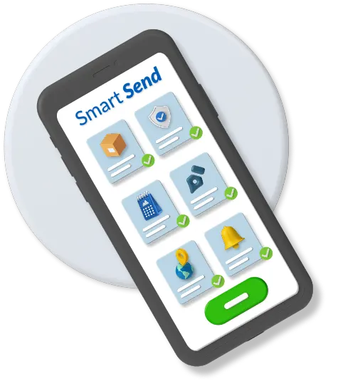 Grey circle on which there is an animated phone displaying Smart Send and several item boxes