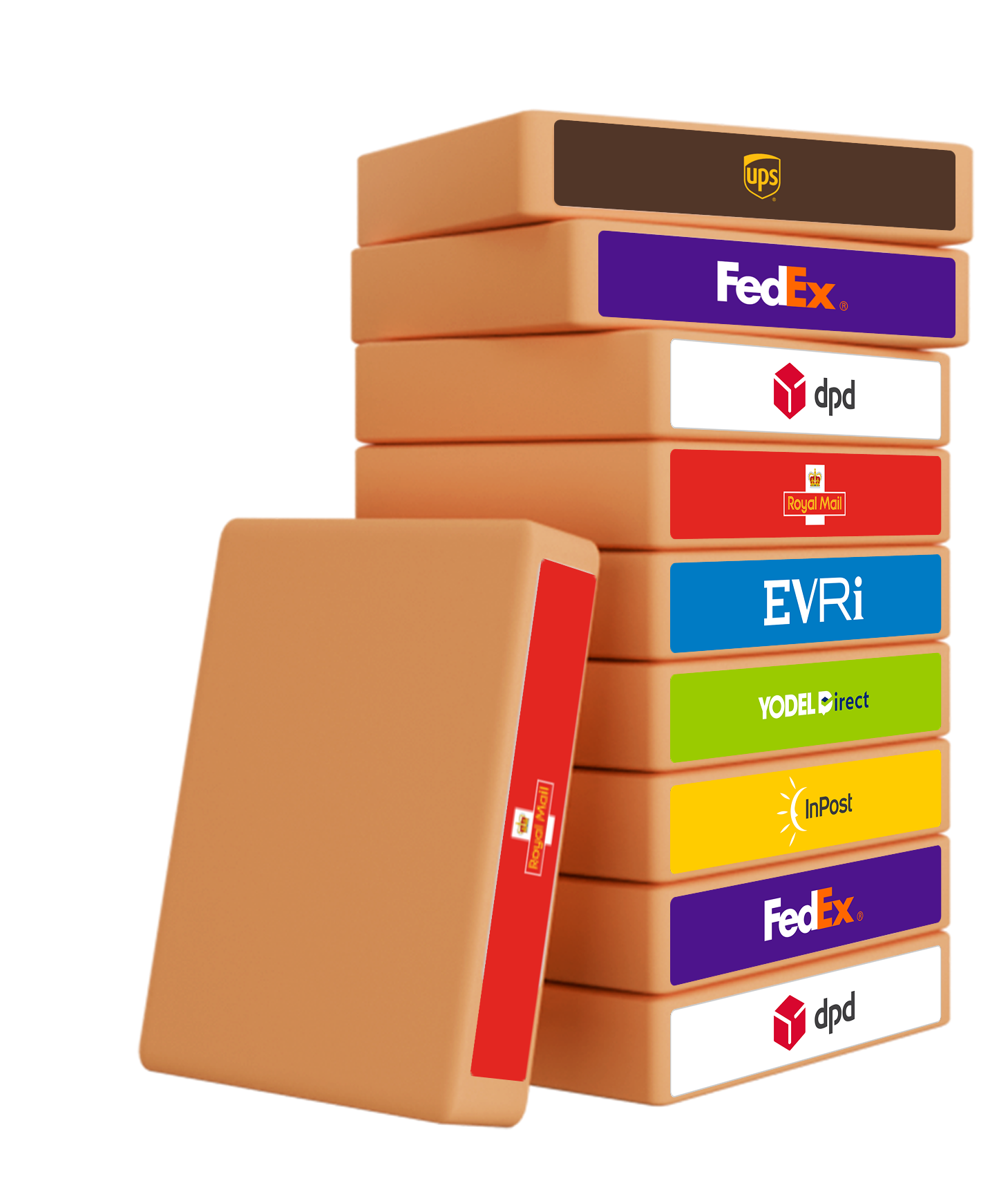 Stacked animated boxes with different courier logos on