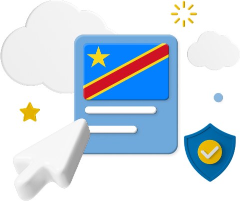 mouse clicking Congo flag with certification badge graphic.