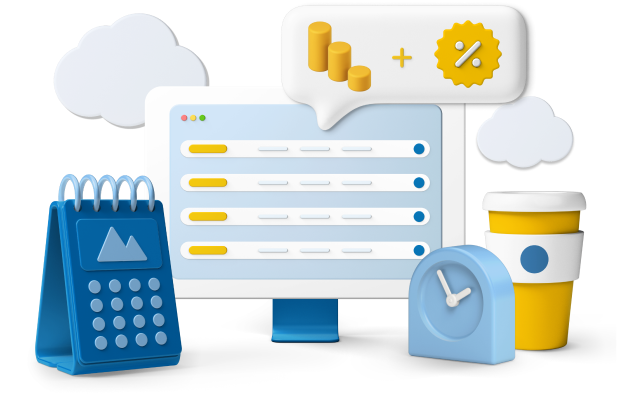 Animated computer with calendar and coffee cup icons