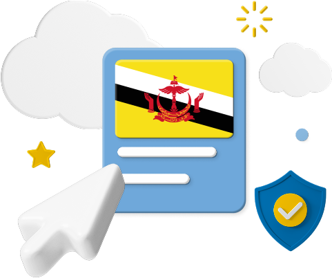 Brunei flag on web page surrounded by clouds and a badge graphic.