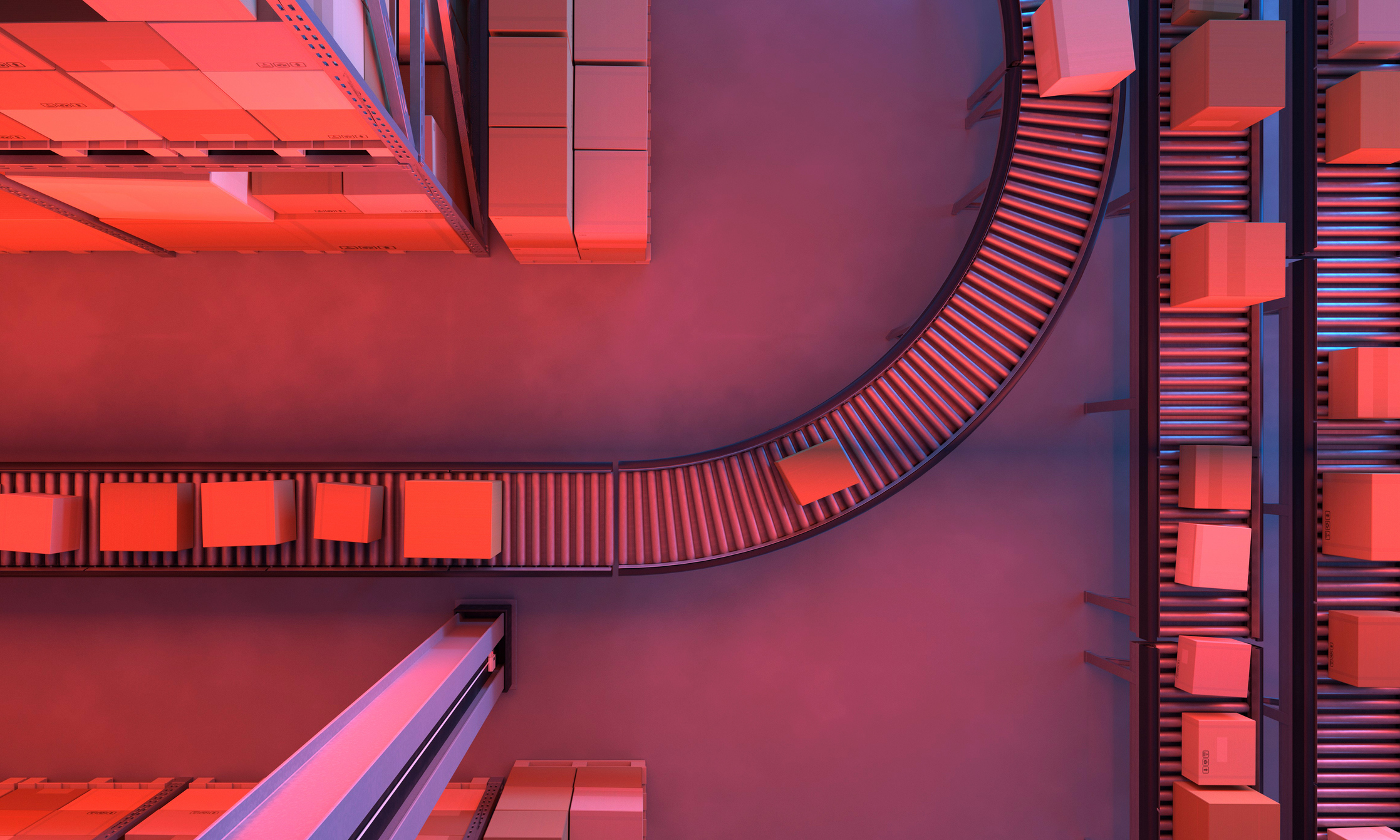 Delivery boxes on a conveyor belt in pink hue.