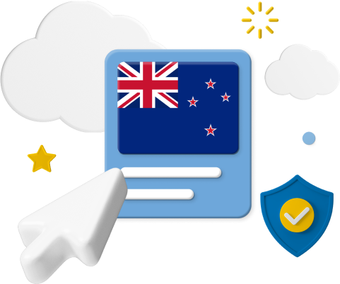 New Zealand flag with cursor and animated icons