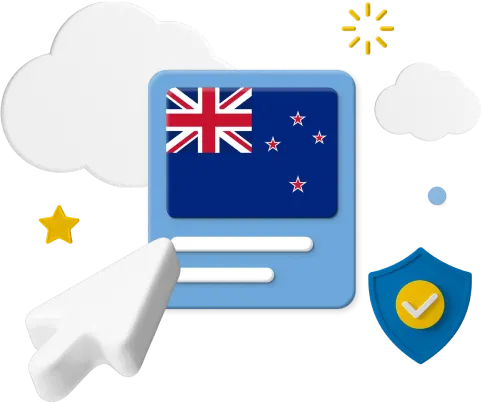 New Zealand flag with cursor and animated icons