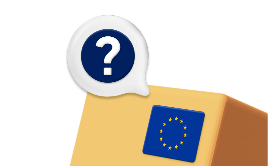 Parcel box with EU flag and question mark label