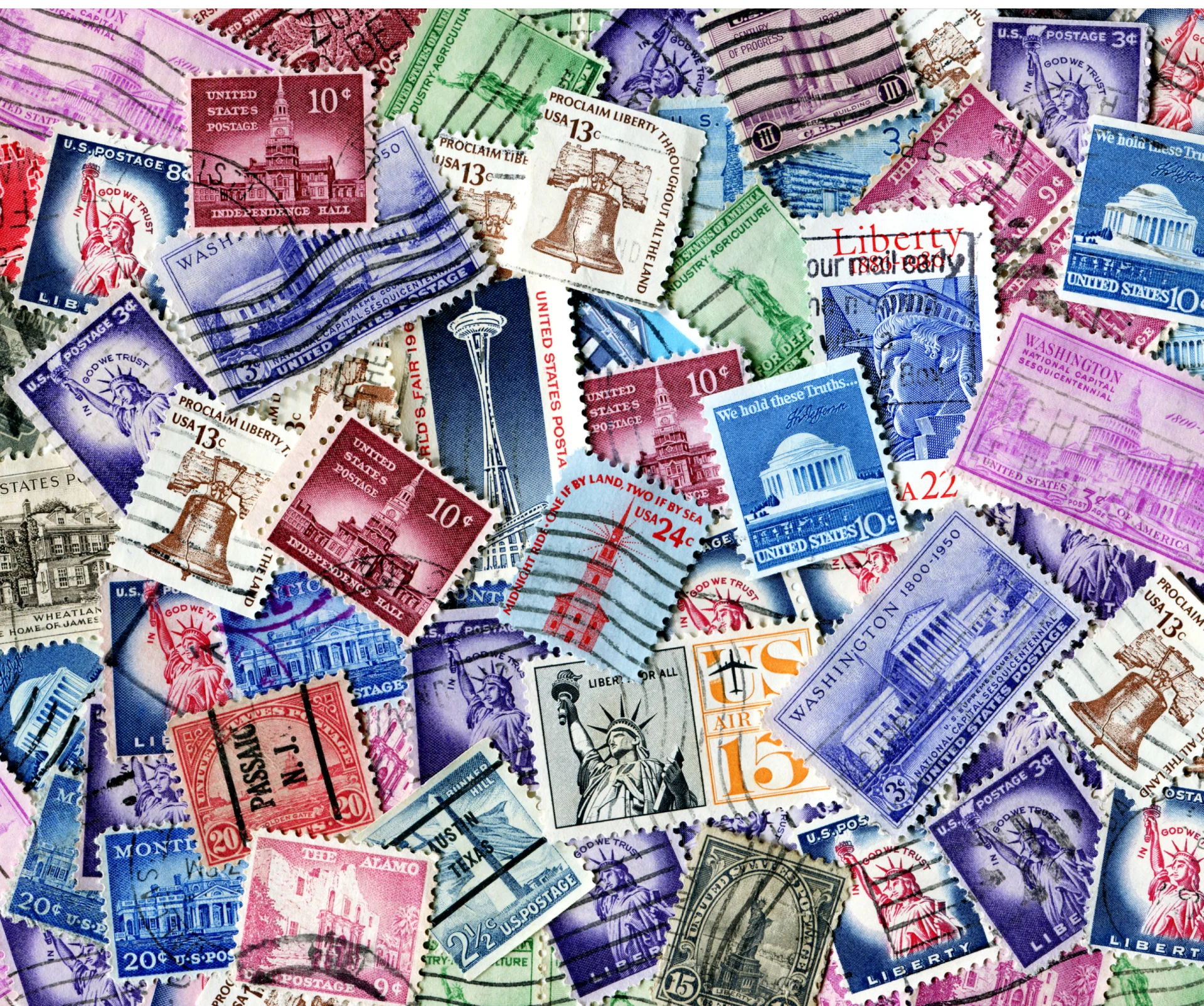 International postage stamps in a collage