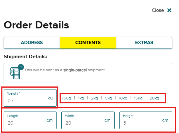 Edit Parcel Dimensions and Weight - SendNow by Asendia