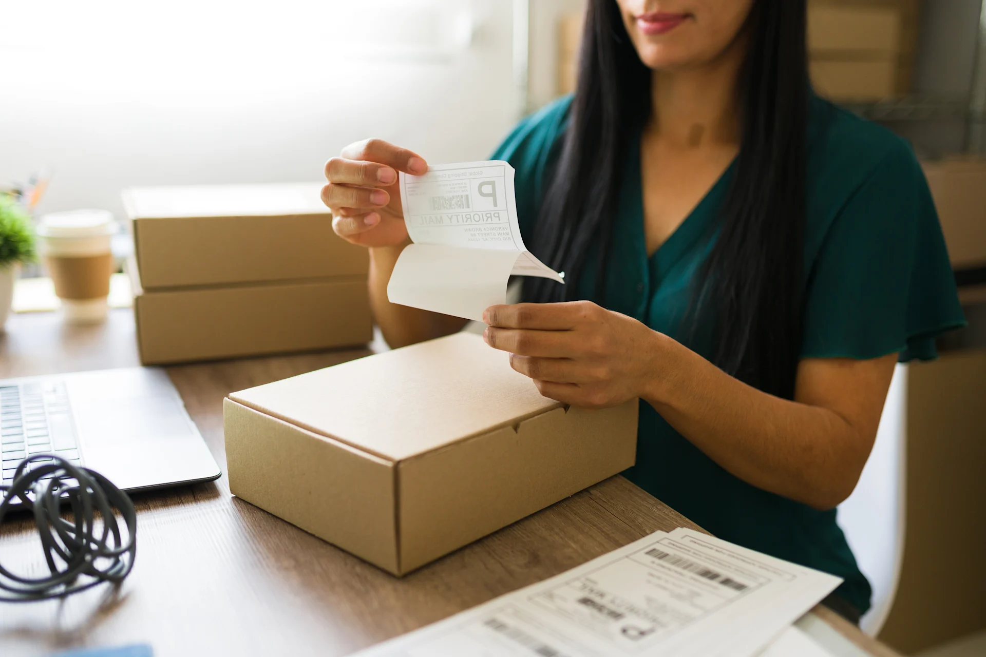 Woman in a teal dress pealing a shipping label to attach to a box