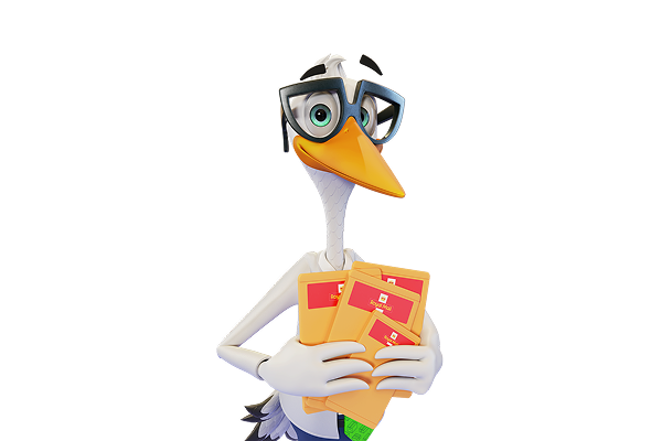 Sven the Stork holding 4 letter-sizes parcels with the Royal Mail logo on