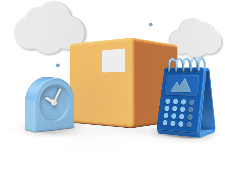 Box with animated clouds, clock and calendar 