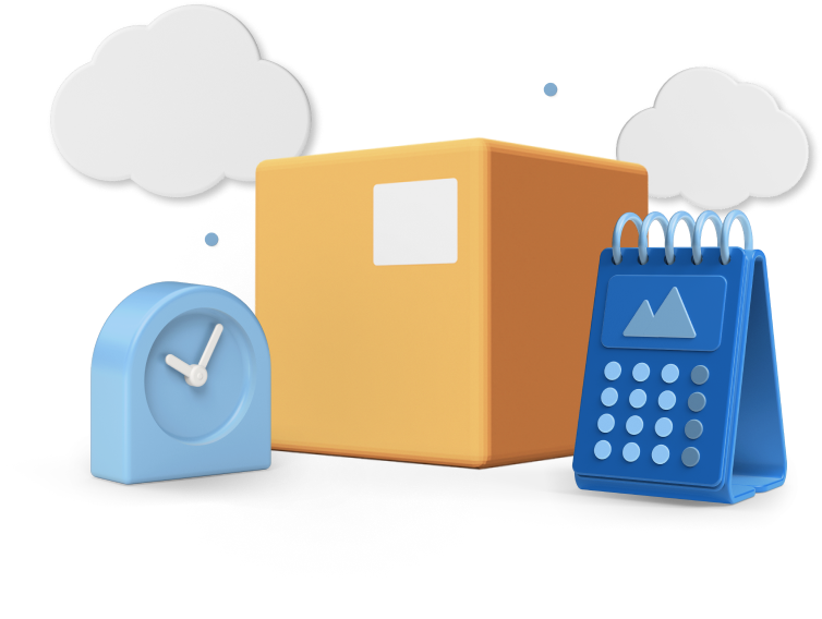 Box with animated clouds, clock and calendar 