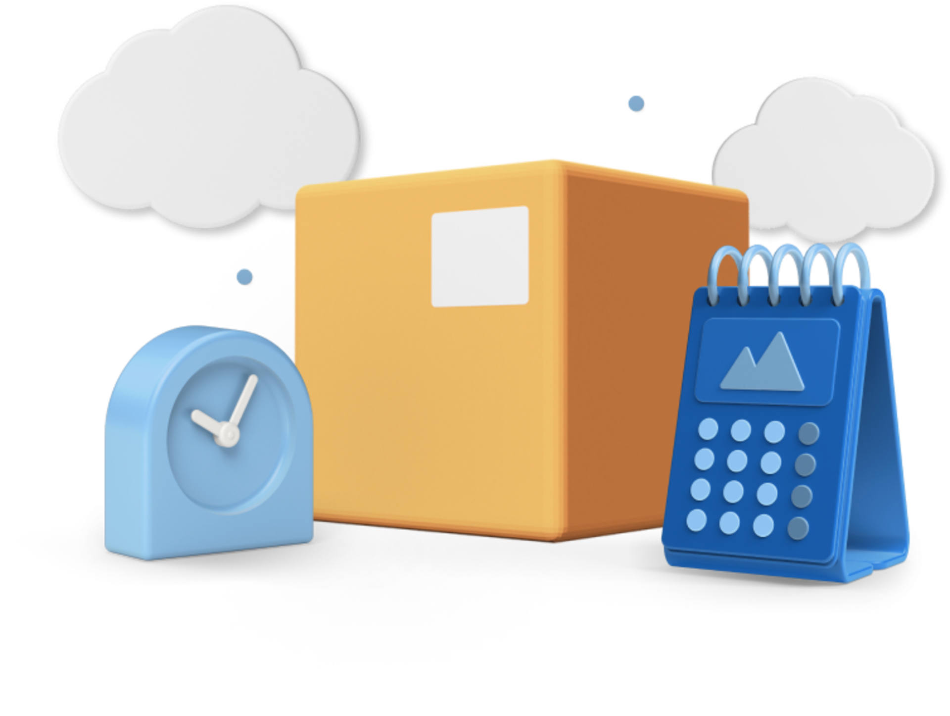 Box with animated clouds, clock and calendar 