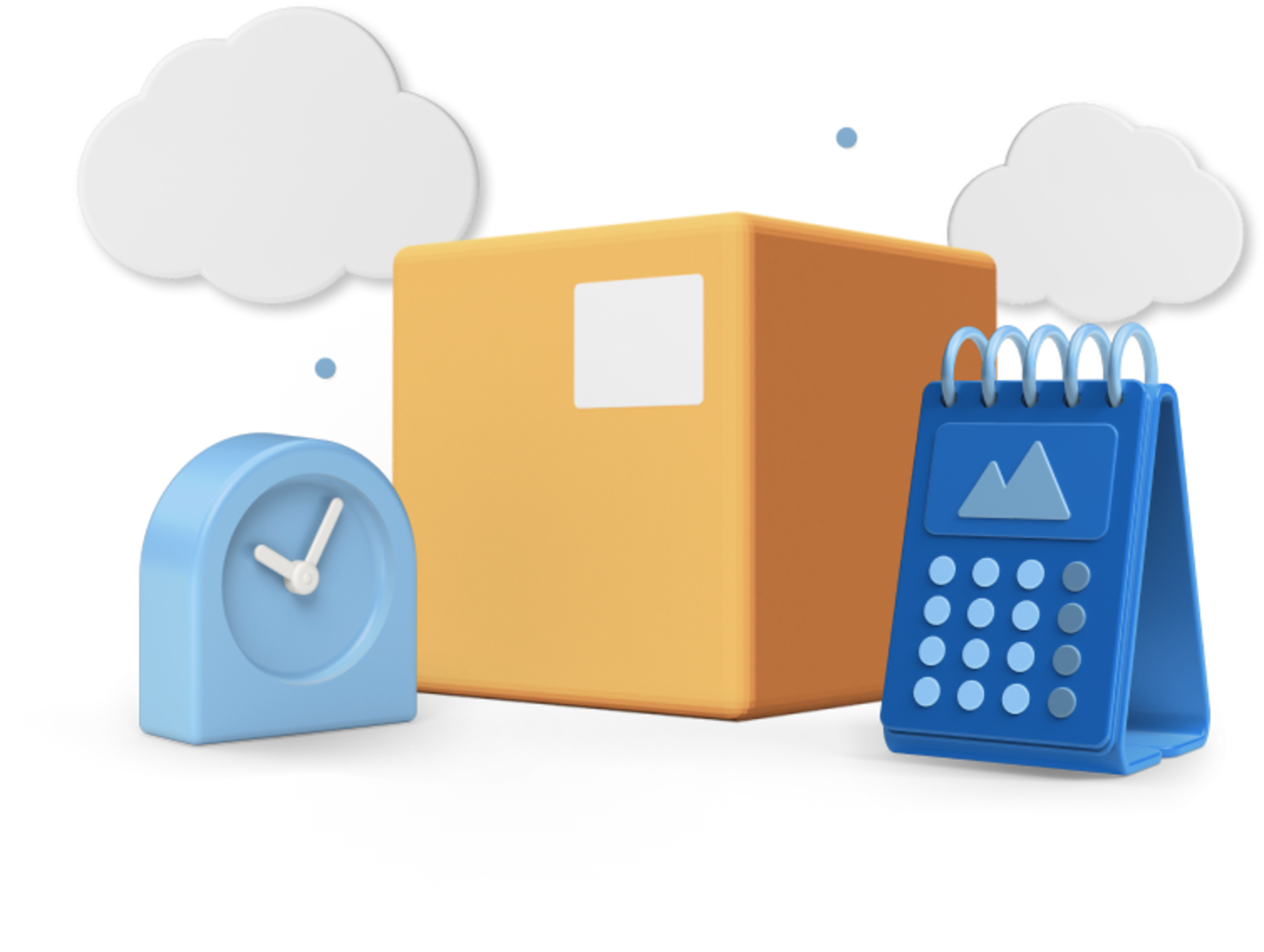 Box with animated clouds, clock and calendar
