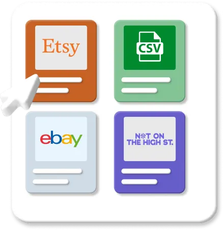 Four animated logos for Etsy, CSV, eBay and NOTHS with cursor icon