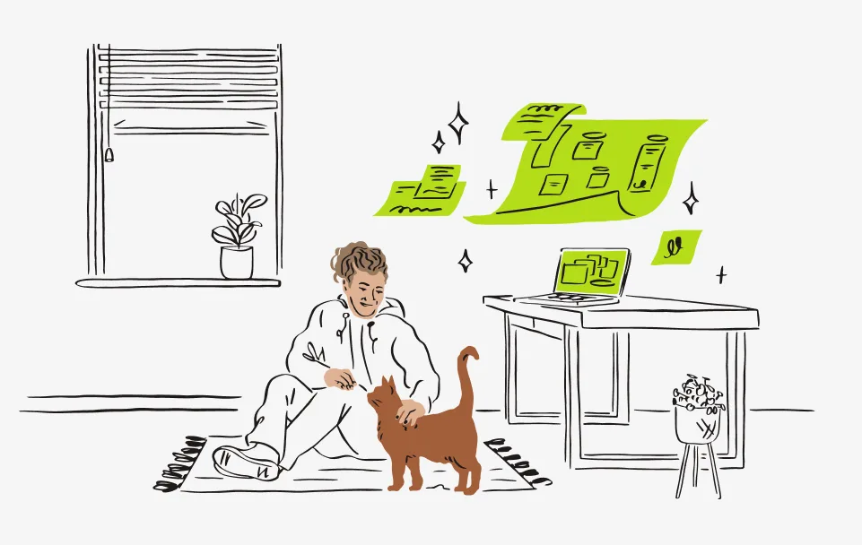 A person sits on the floor petting a cat , while documents and sparkles float magically in the air above a laptop.