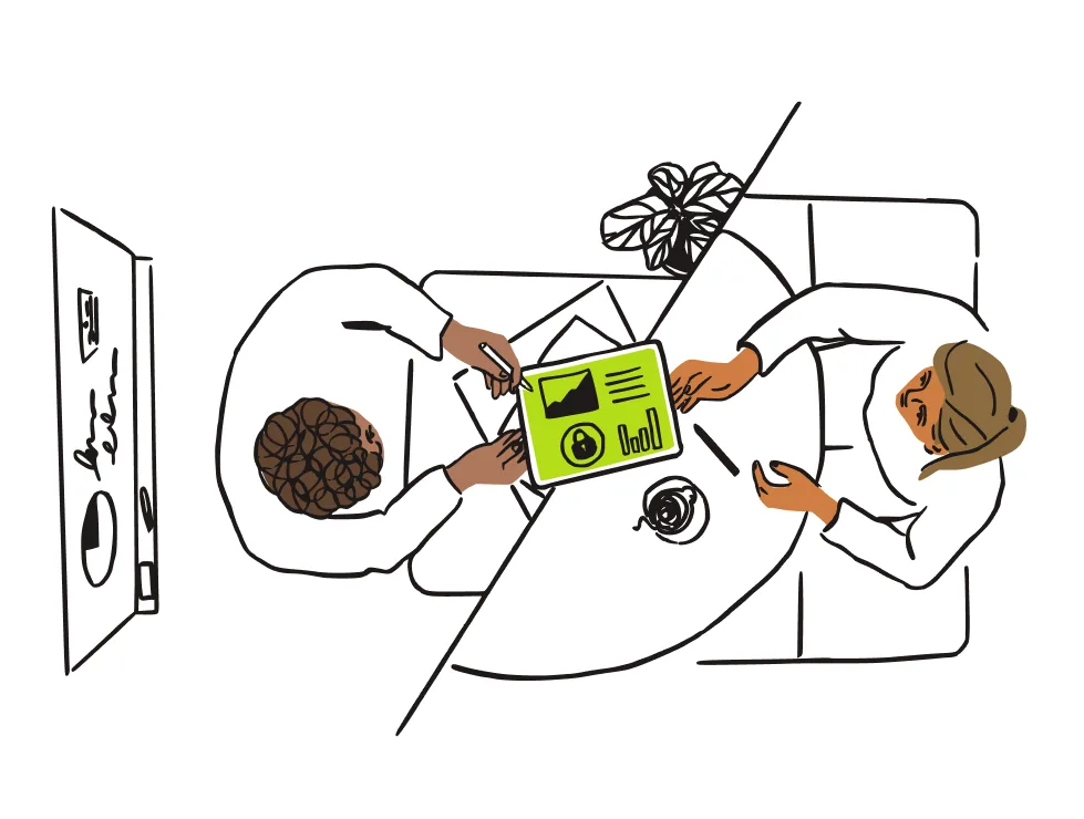 Overhead view of two financial professionals collaborating over a dashboard showing task progress, charts, and project data