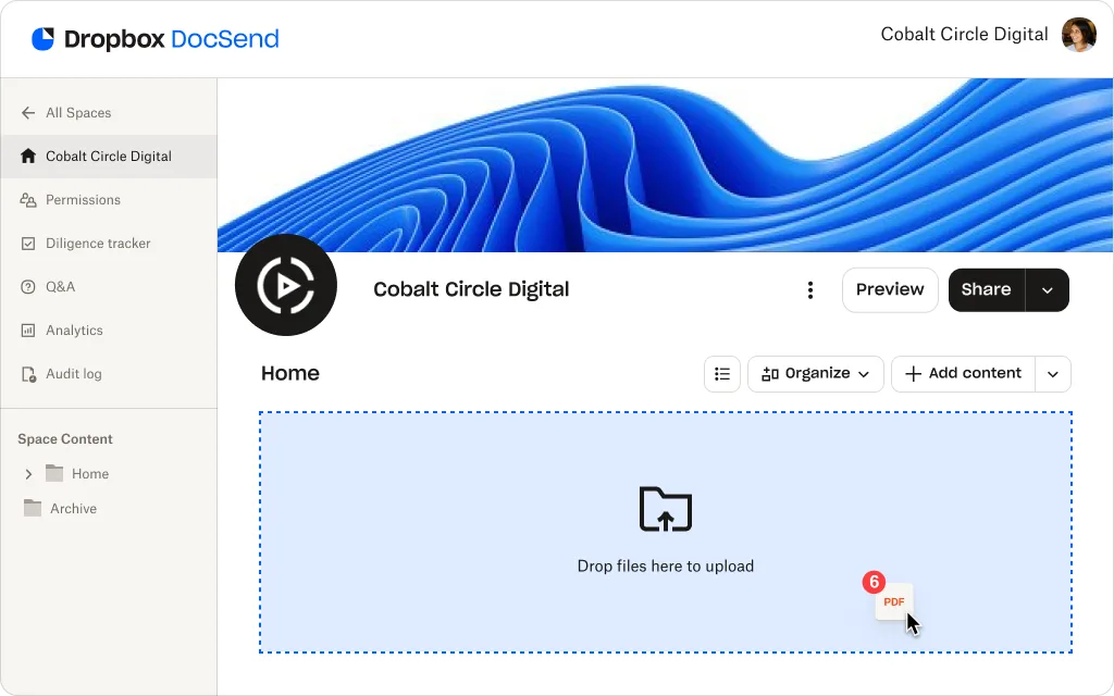 Screenshot of DocSend upload flow
