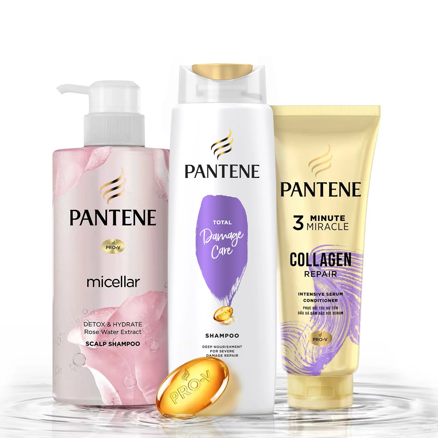 Product range of Pantene Micellar Detox & Hydrate Scalp Shampoo, Total Damage Care Shampoo & 3 Minute Miracle Collagen Repair Conditioner