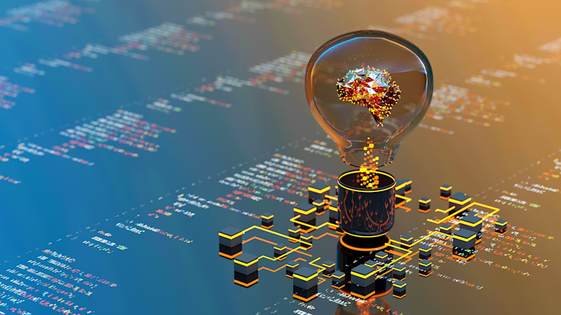 circuit board with a lightbulb with ideas inside