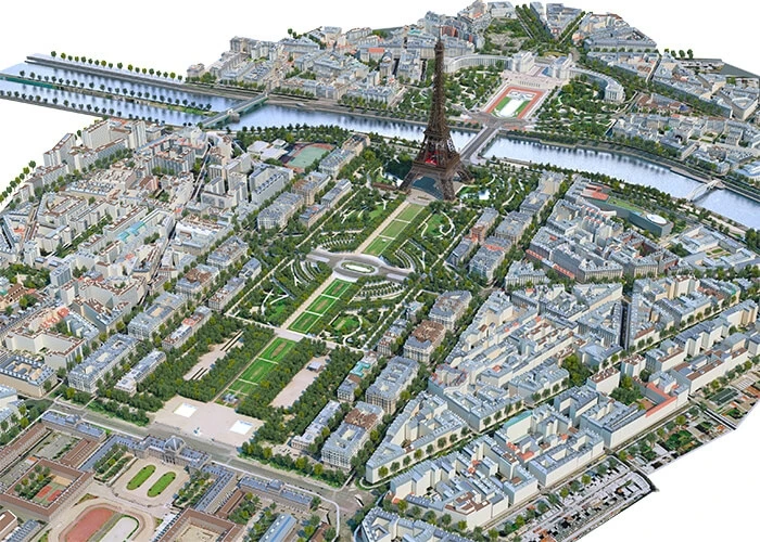 Topographical rendering of the 54-hectare area surrounding the Eiffel Tower