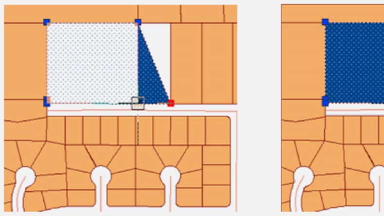 Two maps showing adjustments to a blue shaded area with handles, representing resizing or editing a geographic region.