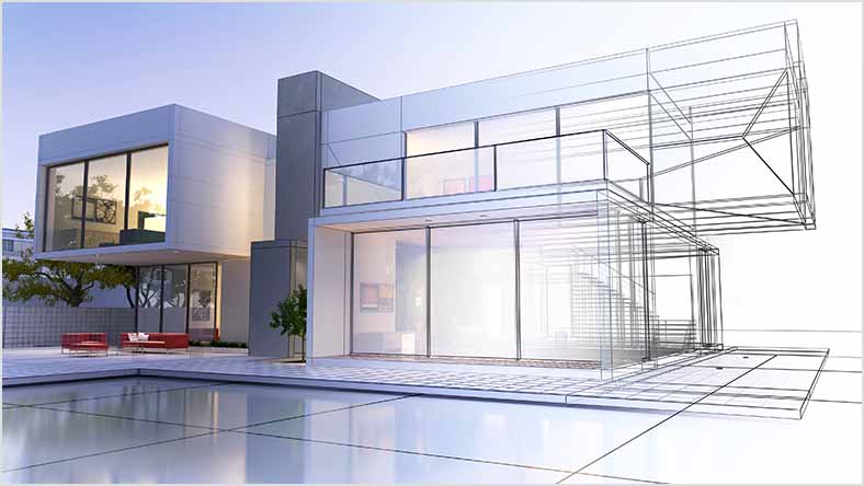An illustration of a modern house blends from a 3D rendering to a wireframe design.
