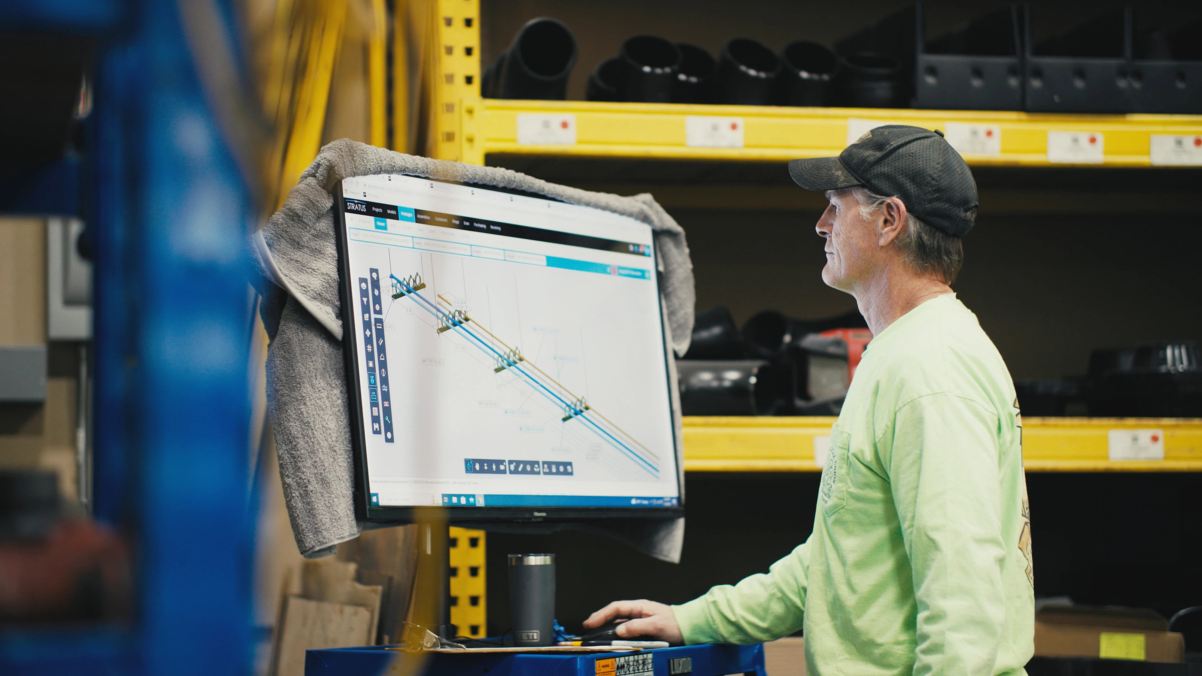 Man working at large monitor in prefabrication facility