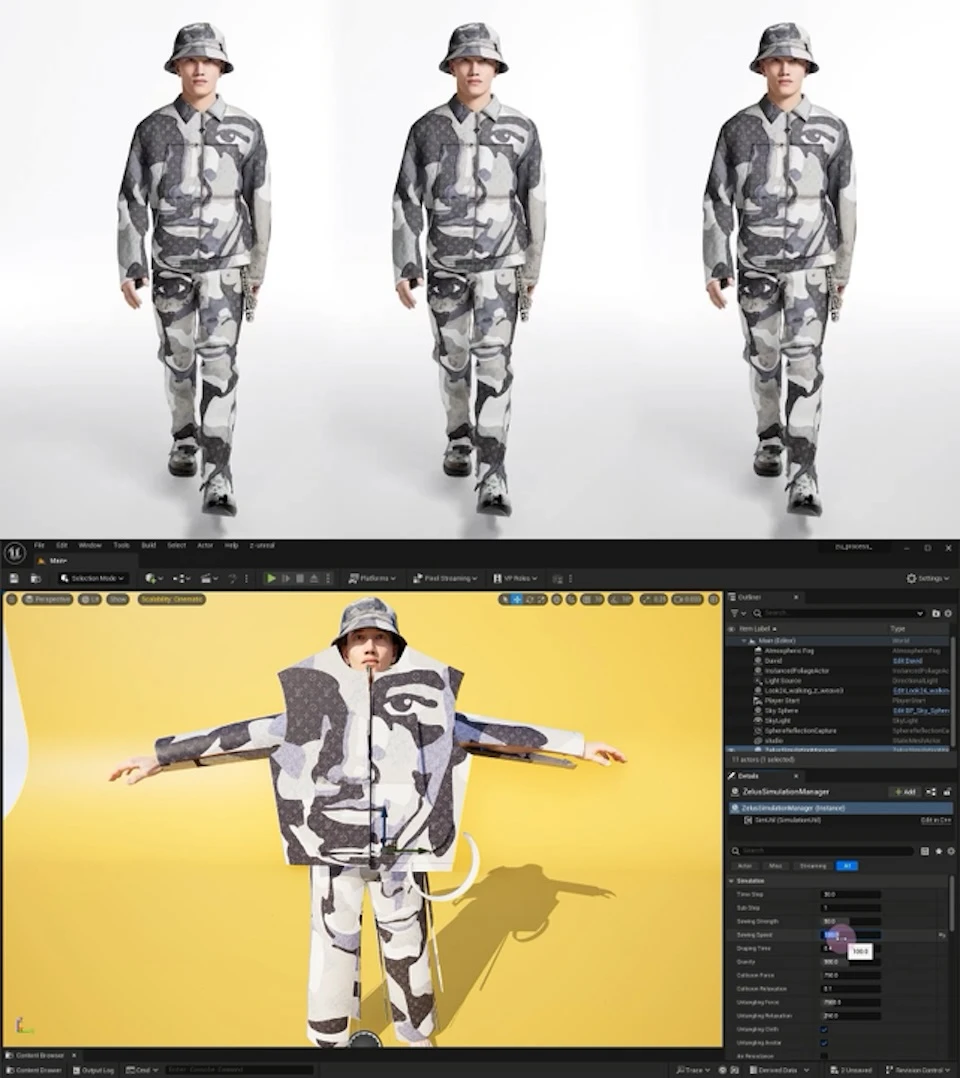 A split image shows a software interface for modeling clothes below three avatars dressed in the clothes.