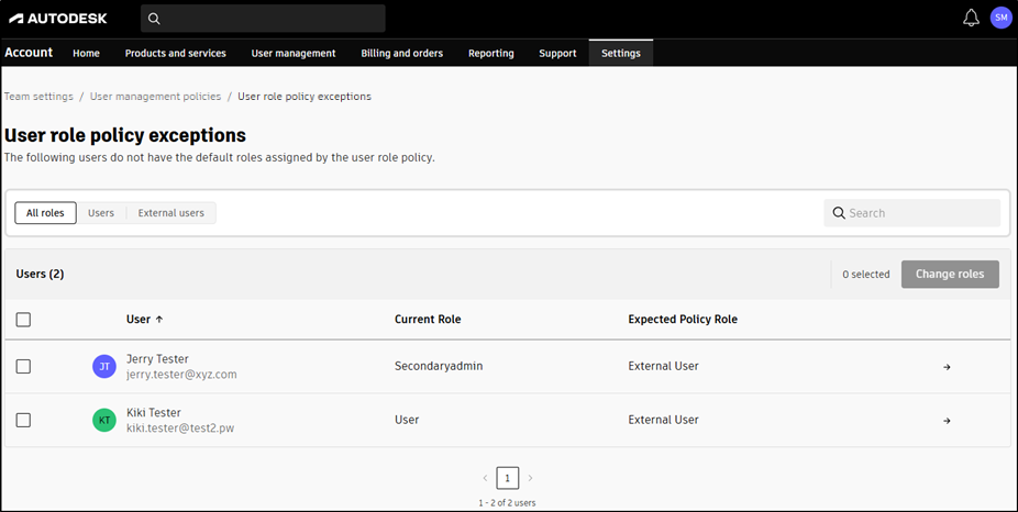 User role policy exceptions page comparing current and expected policy roles.
